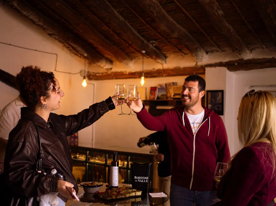 Brindis con copas de vino en cata en Utiel-Requena